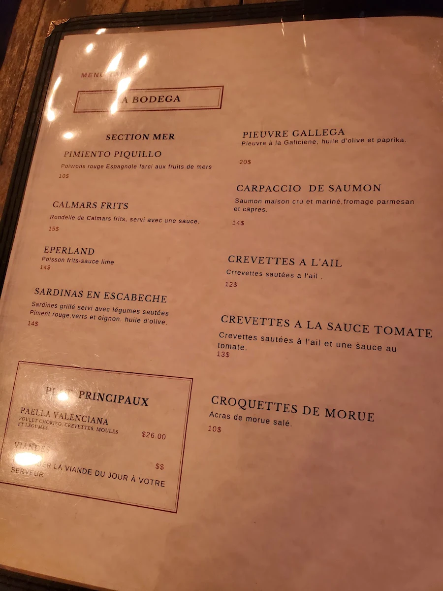 Menu, La Bodega