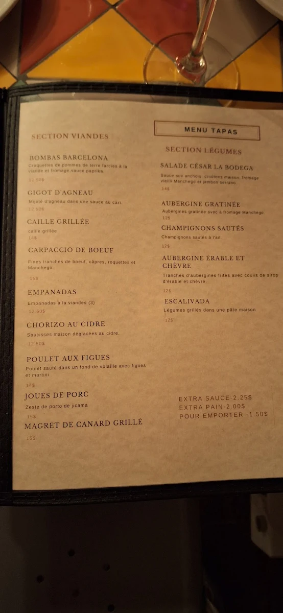 Menu, La Bodega