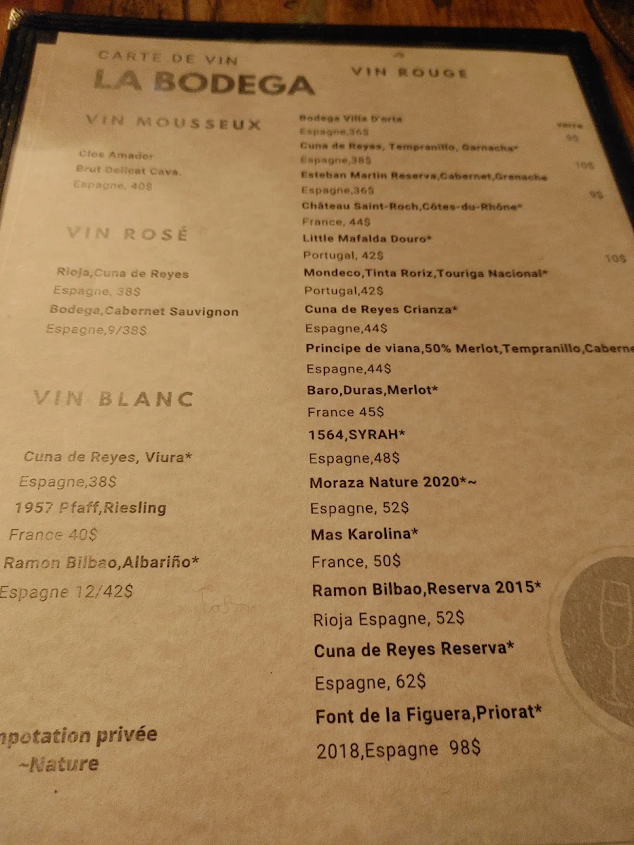 Menu, La Bodega