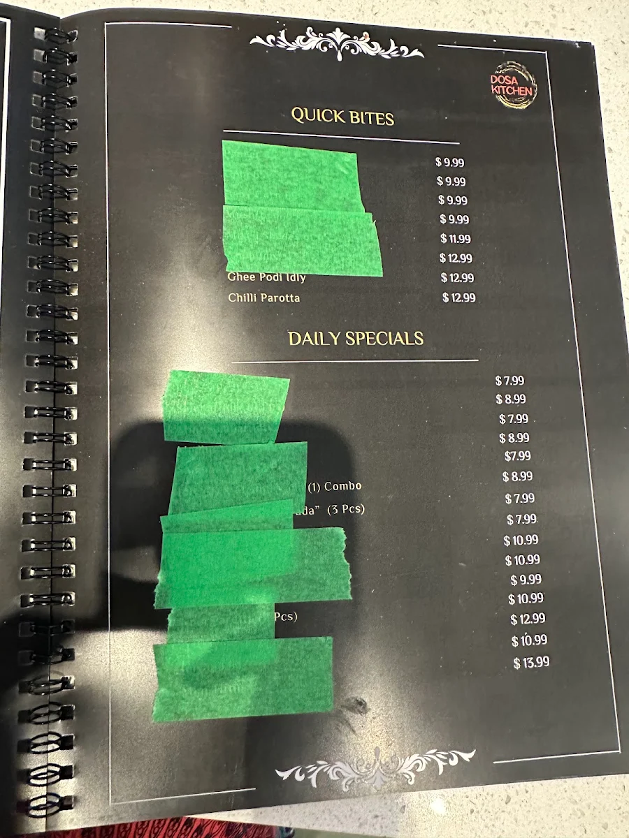 Menu, Dosa Kitchen | South Indian Dosa Restaurant | Scarborough