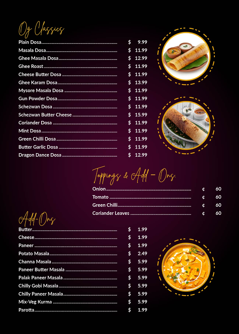 Menu, Dosa Kitchen | South Indian Dosa Restaurant | Scarborough