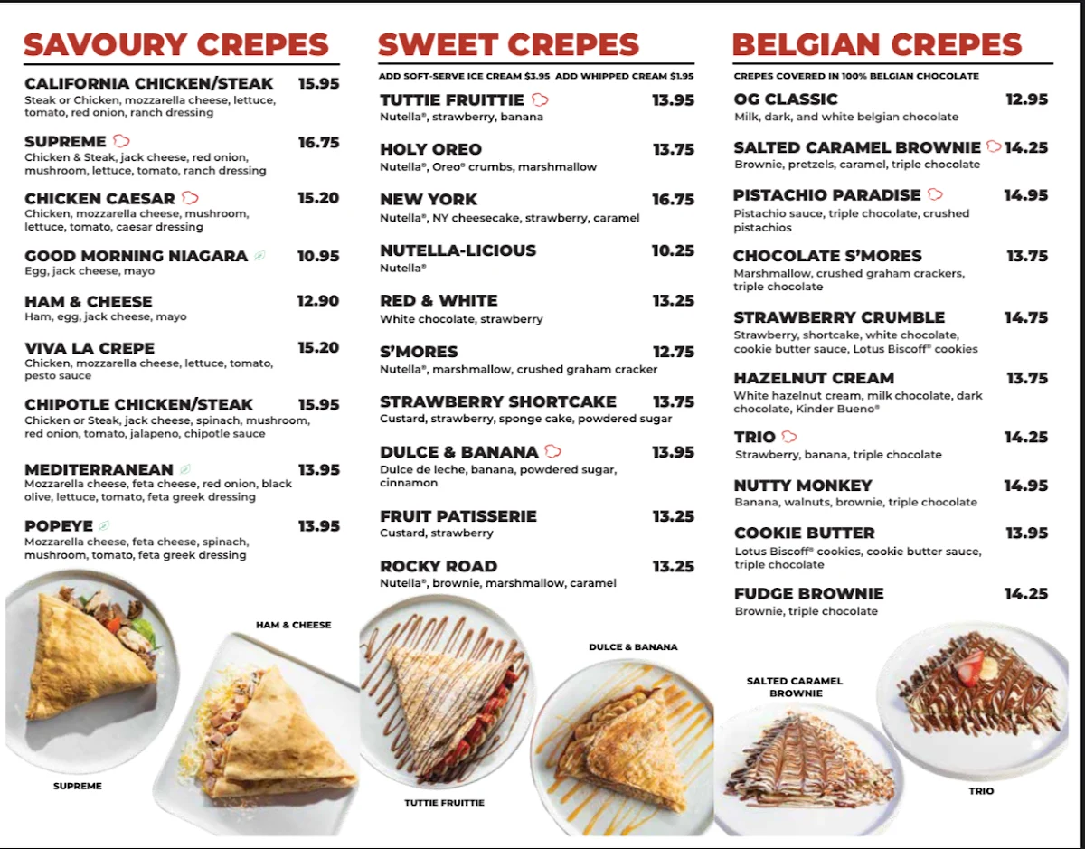 Menu, Crepe Delicious Niagara Falls