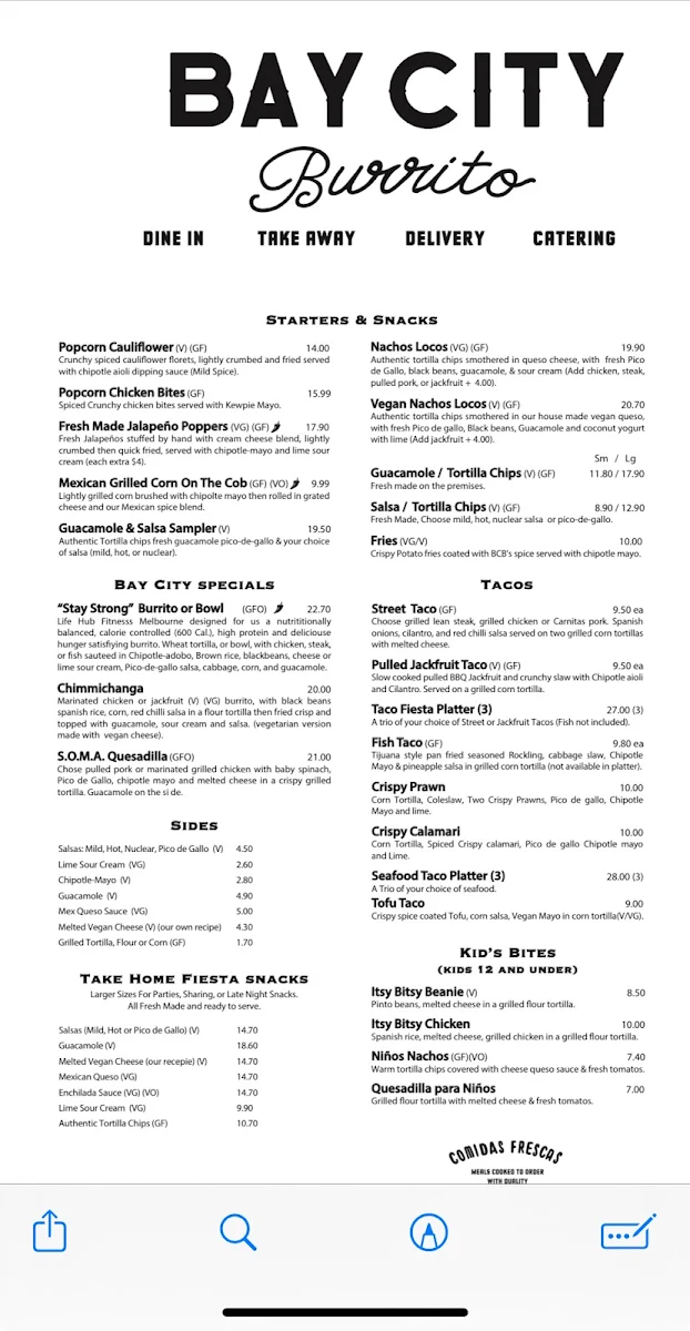 Menu, Bay City Burrito