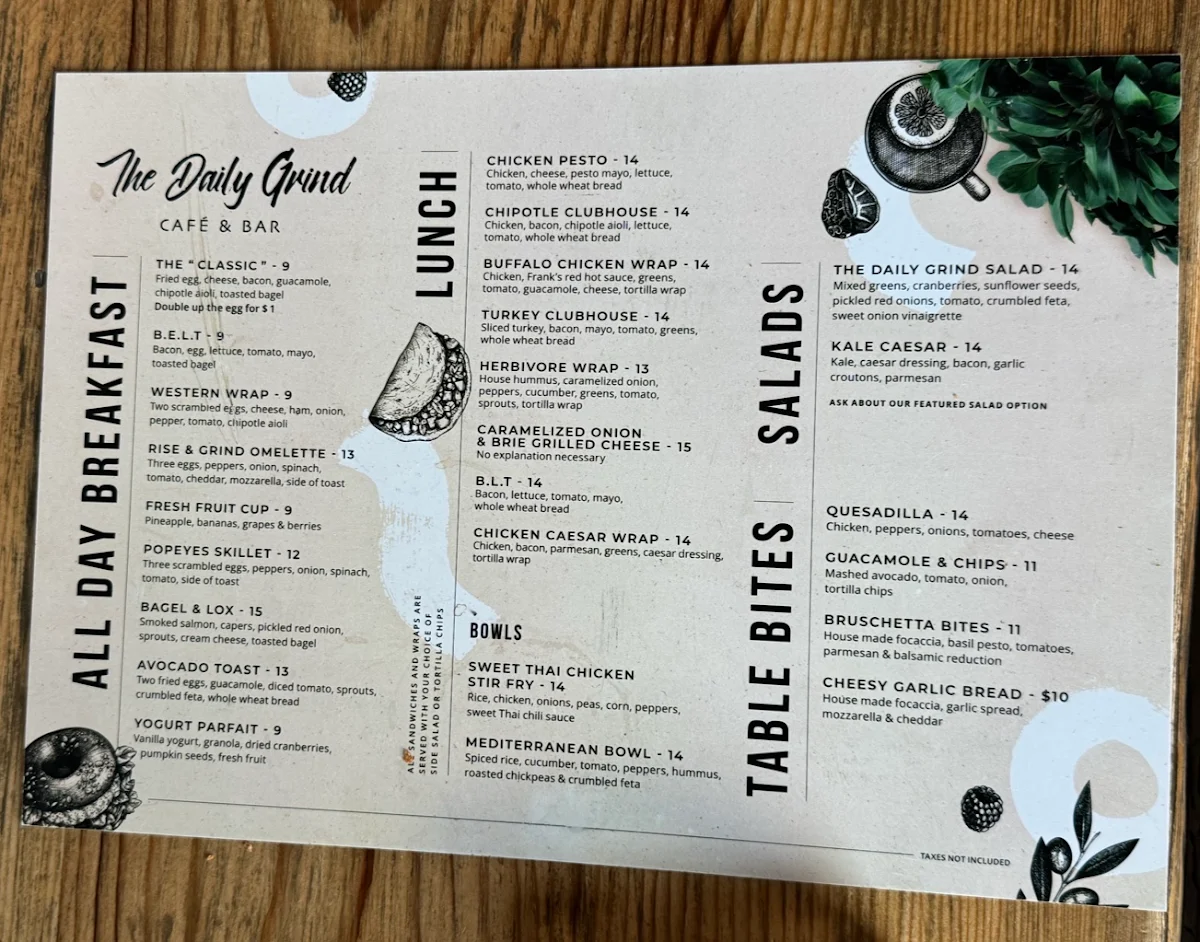 Menu, The Daily Grind Cafe & Bar