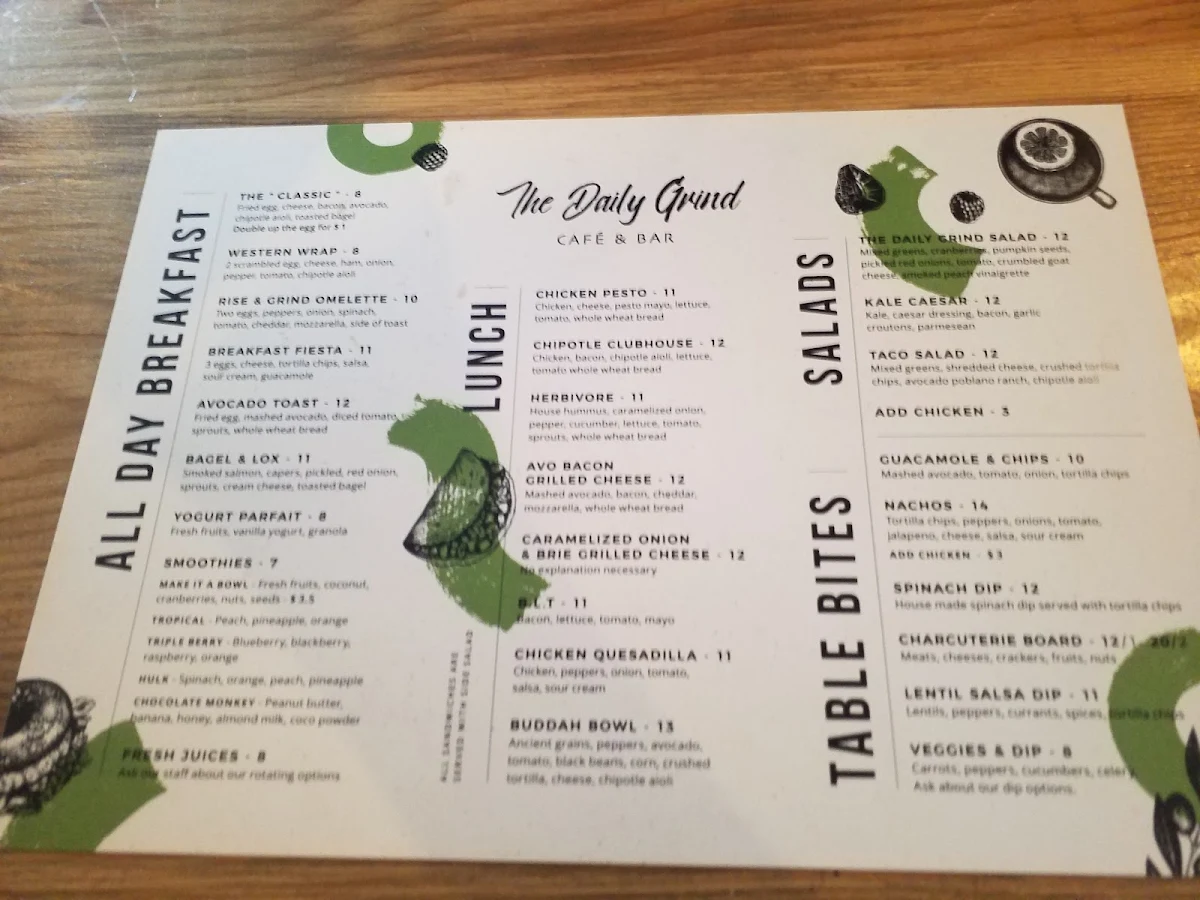 Menu, The Daily Grind Cafe & Bar