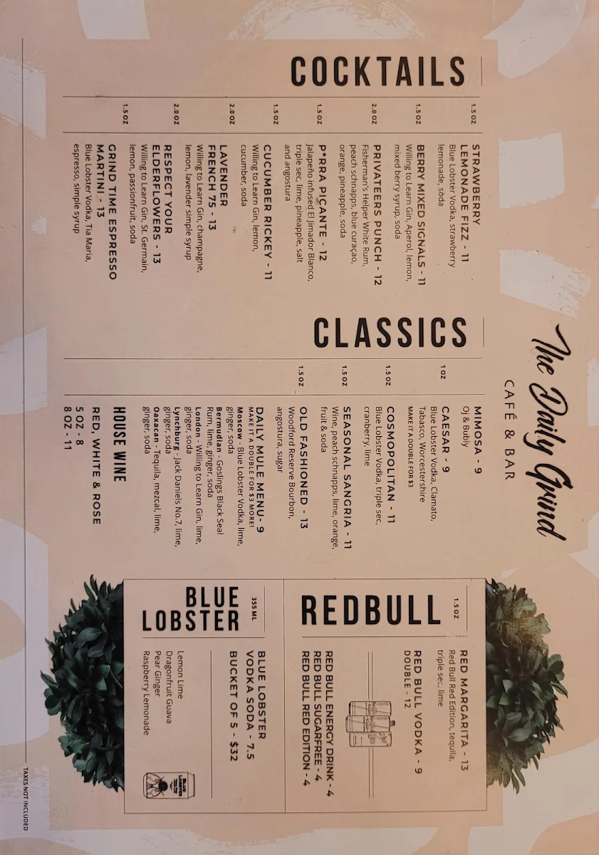 Menu, The Daily Grind Cafe & Bar