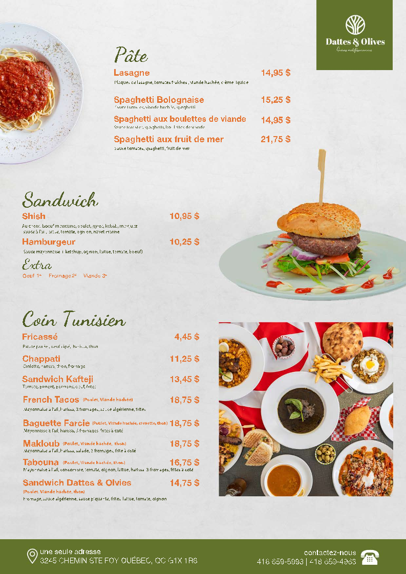 Menu, Restaurant Dattes & Olives