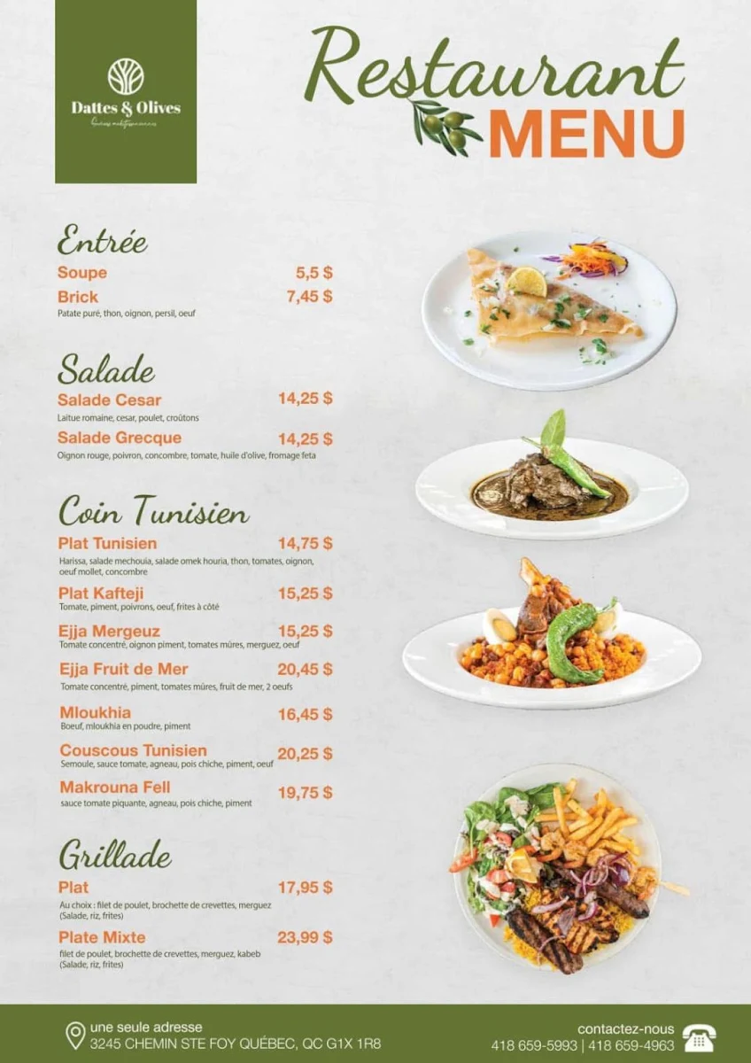 Menu, Restaurant Dattes & Olives
