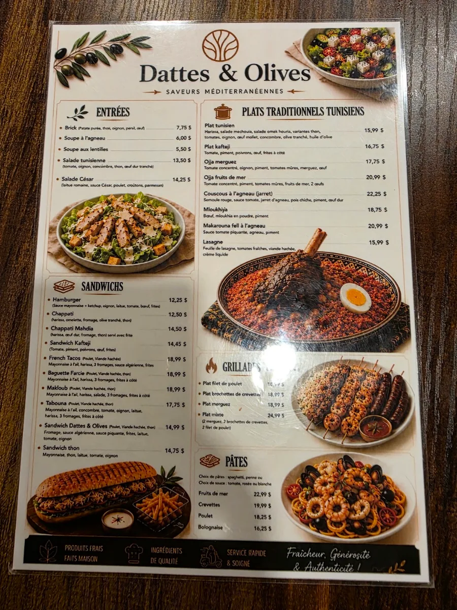 Menu, Restaurant Dattes & Olives