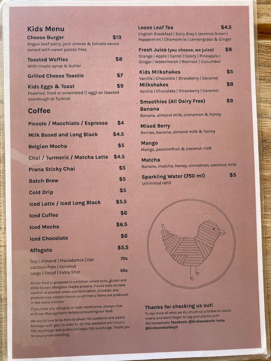 Menu, Birdwood Cafe