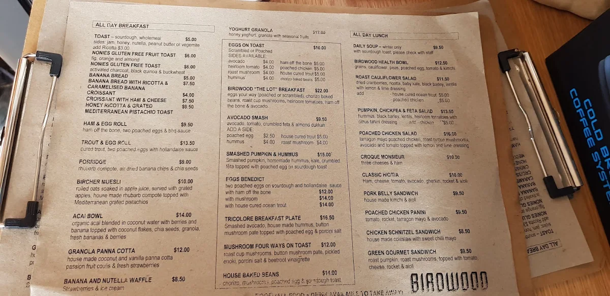 Menu, Birdwood Cafe