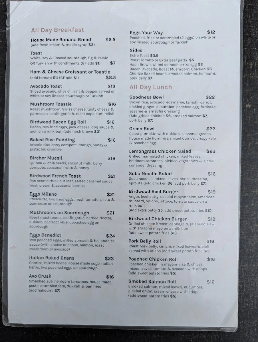 Menu, Birdwood Cafe
