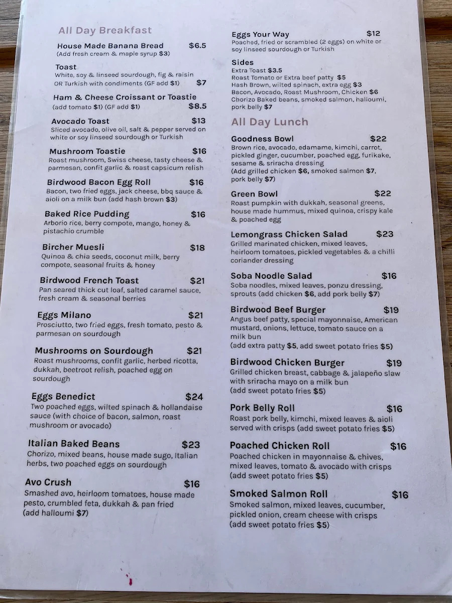 Menu, Birdwood Cafe
