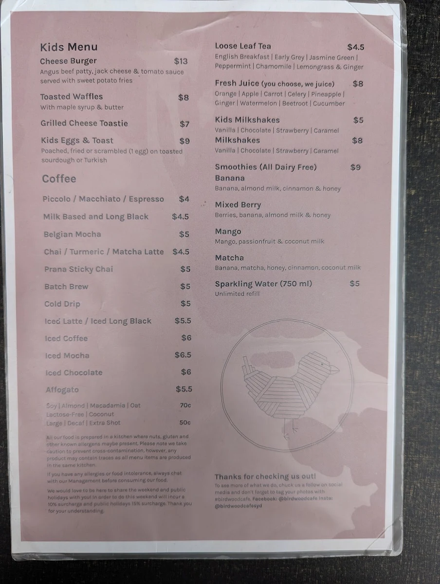 Menu, Birdwood Cafe