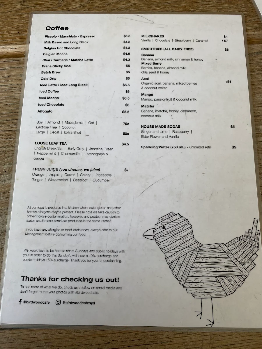 Menu, Birdwood Cafe