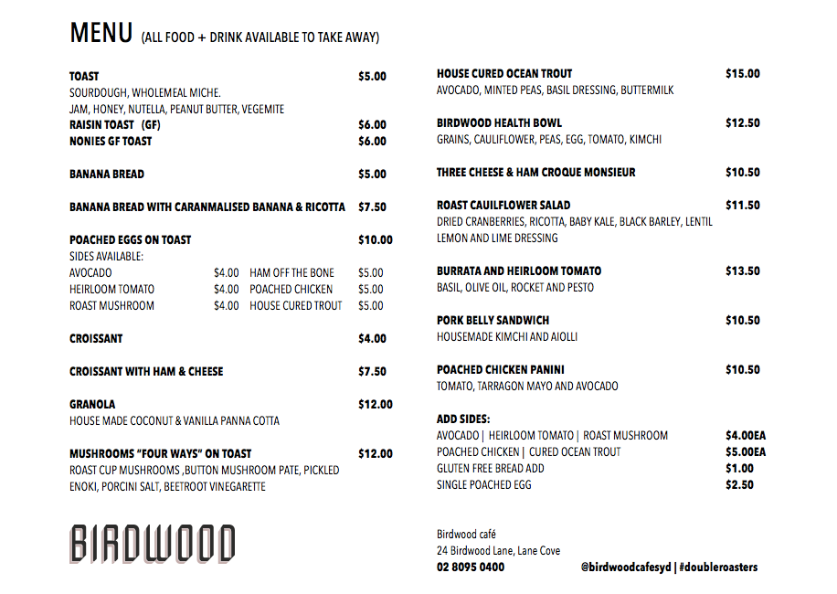 Menu, Birdwood Cafe