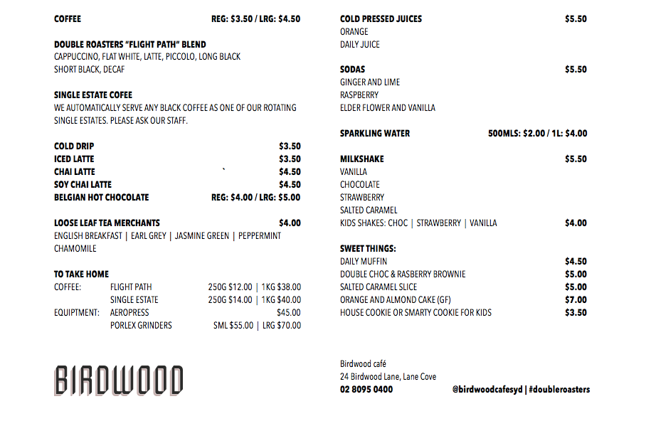 Menu, Birdwood Cafe