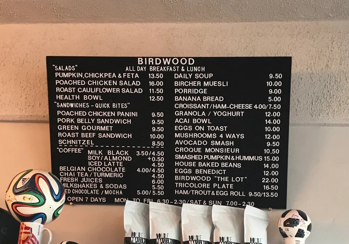 Menu, Birdwood Cafe