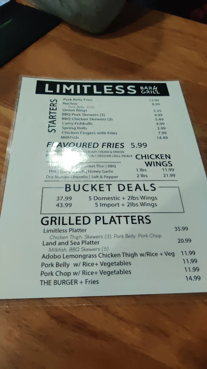 Menu, Limitless Bar & Grill