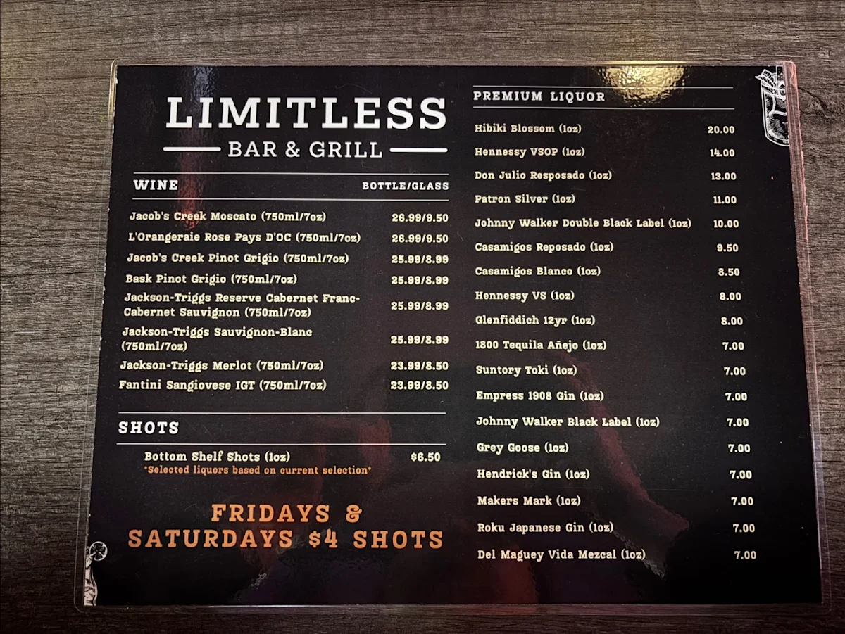 Menu, Limitless Bar & Grill