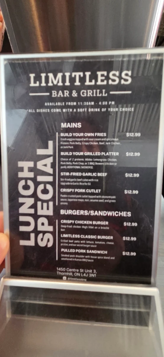 Menu, Limitless Bar & Grill