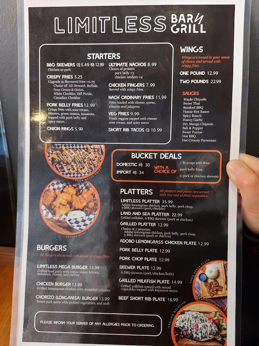 Menu, Limitless Bar & Grill