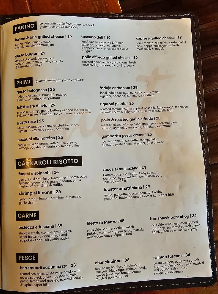 Menu, Trattoria Gusto