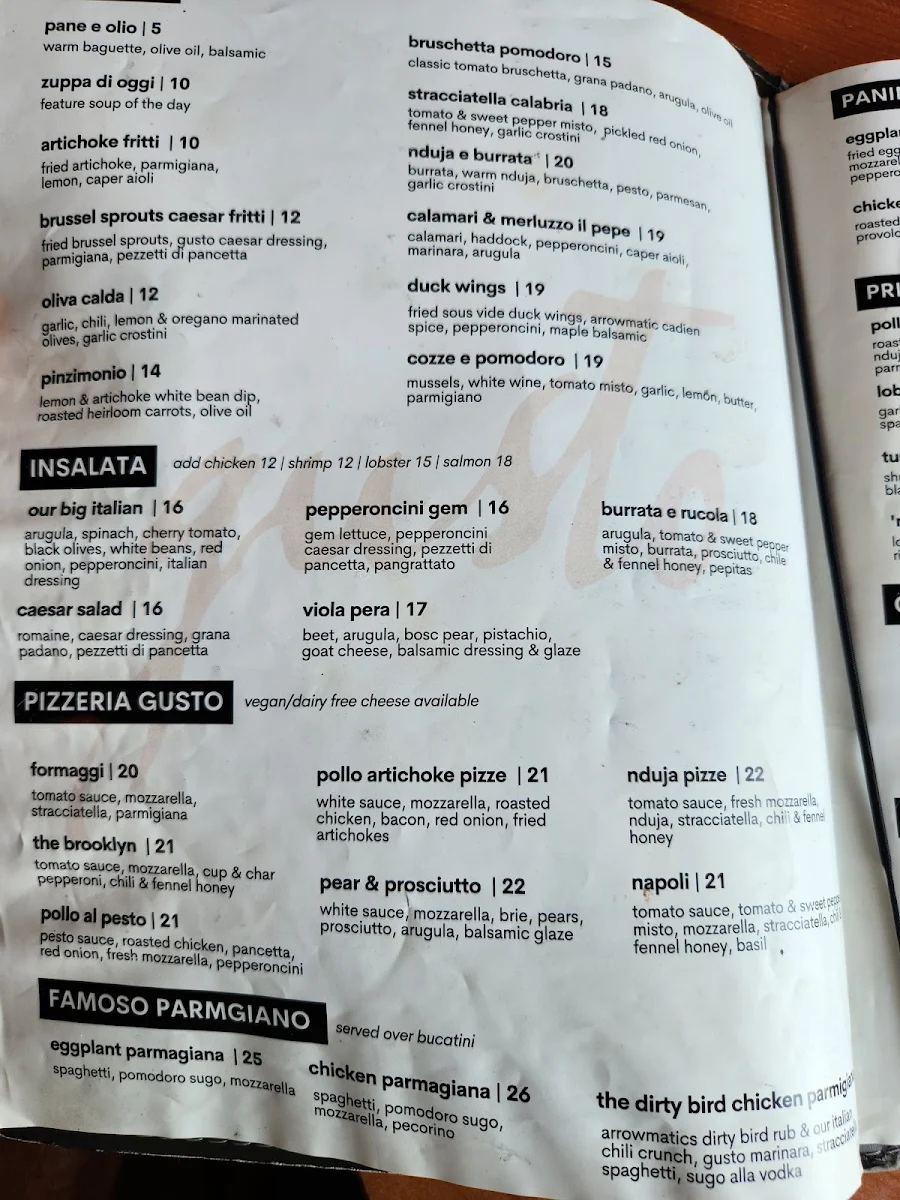 Menu, Trattoria Gusto