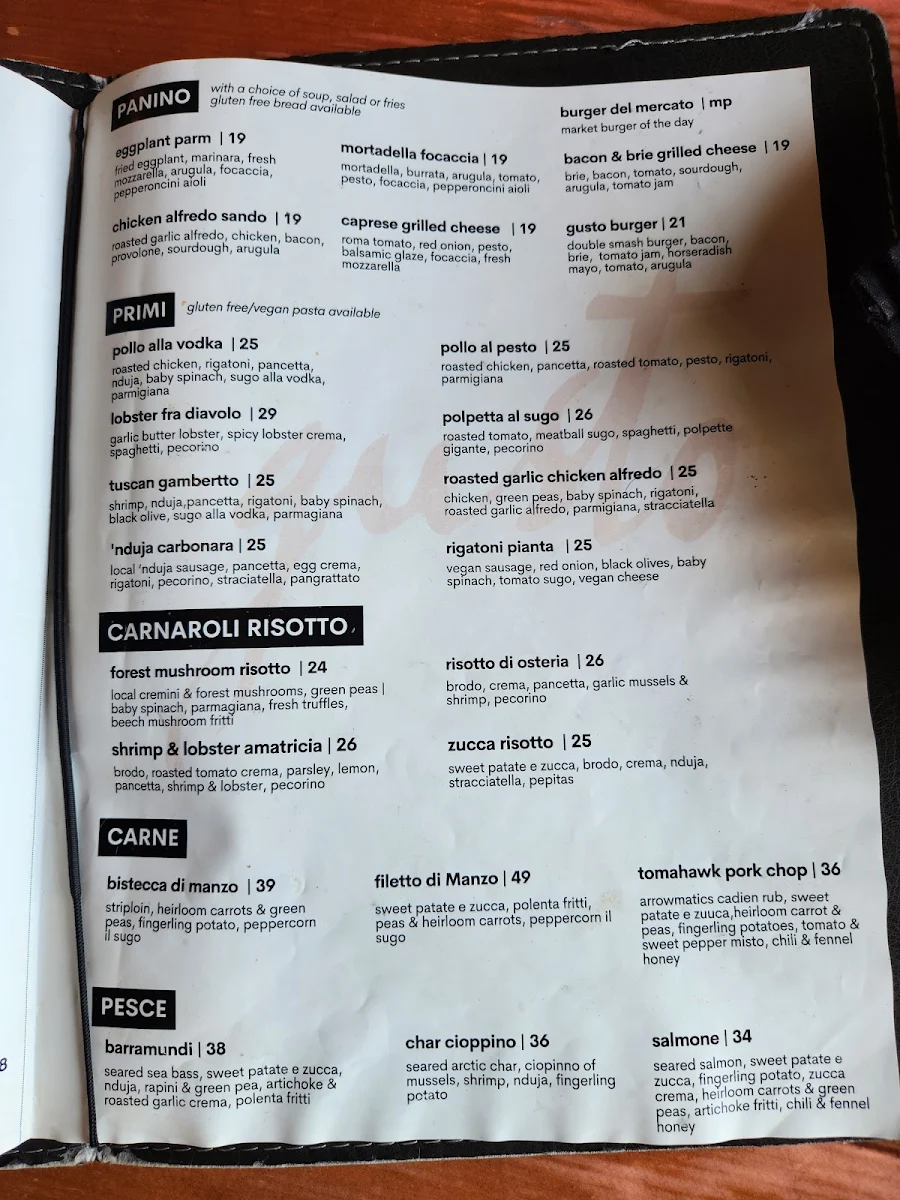 Menu, Trattoria Gusto