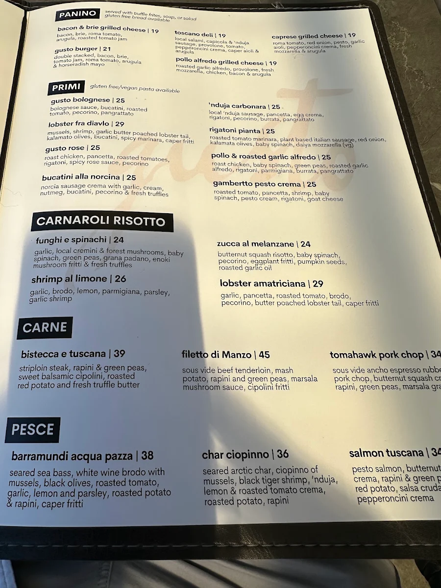 Menu, Trattoria Gusto