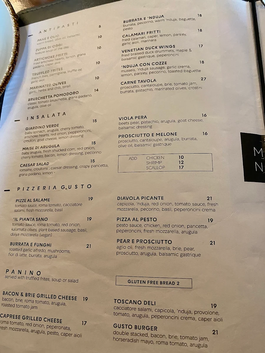 Menu, Trattoria Gusto