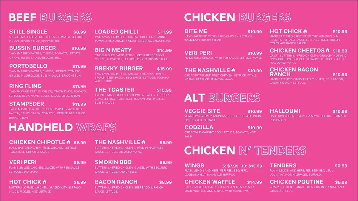 Menu, BUSSIN BURGER