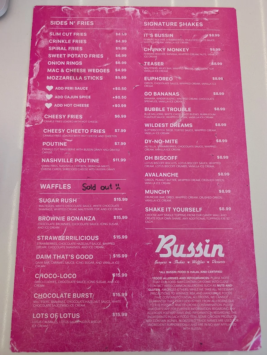 Menu, BUSSIN BURGER