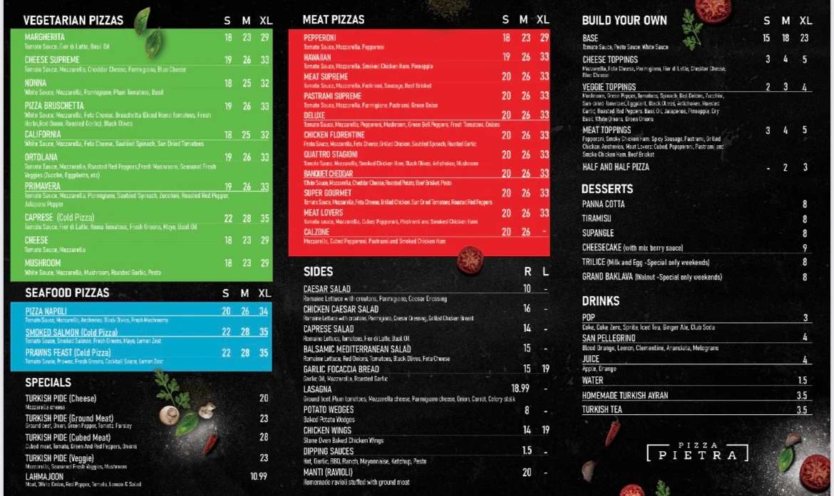 Menu, PIZZA PIETRA