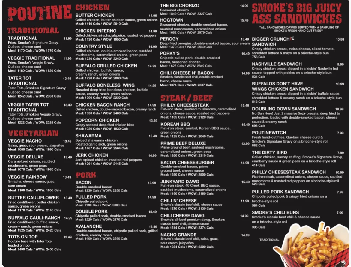 Menu, Smoke's Poutinerie Windsor
