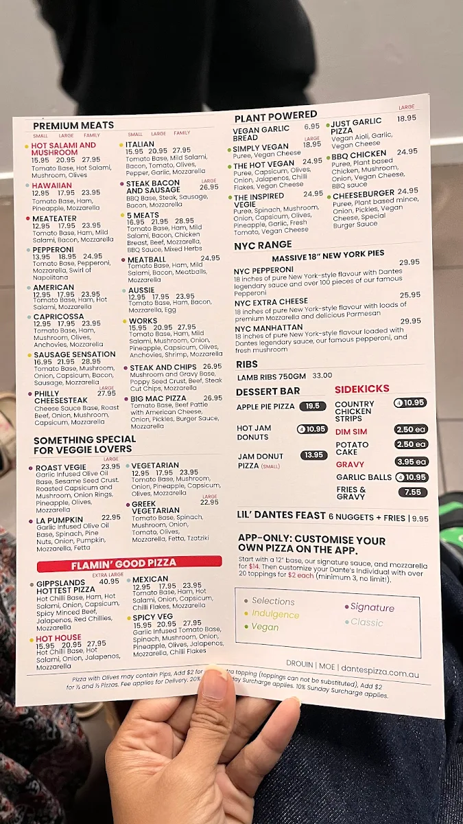Menu, Dante's Pizza