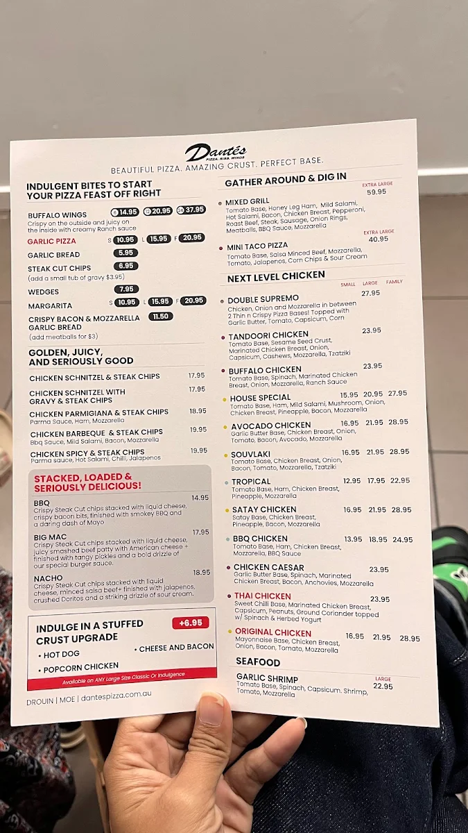 Menu, Dante's Pizza