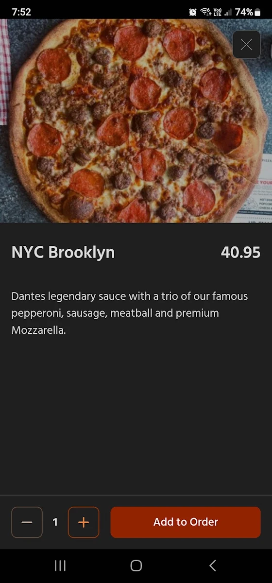 Menu, Dante's Pizza