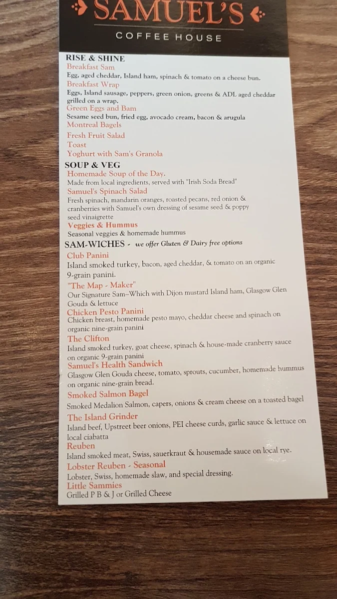 Menu, Samuel's Coffee House