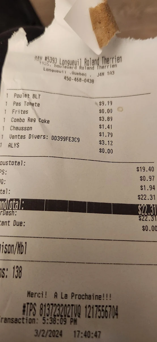 Menu, A&W Canada