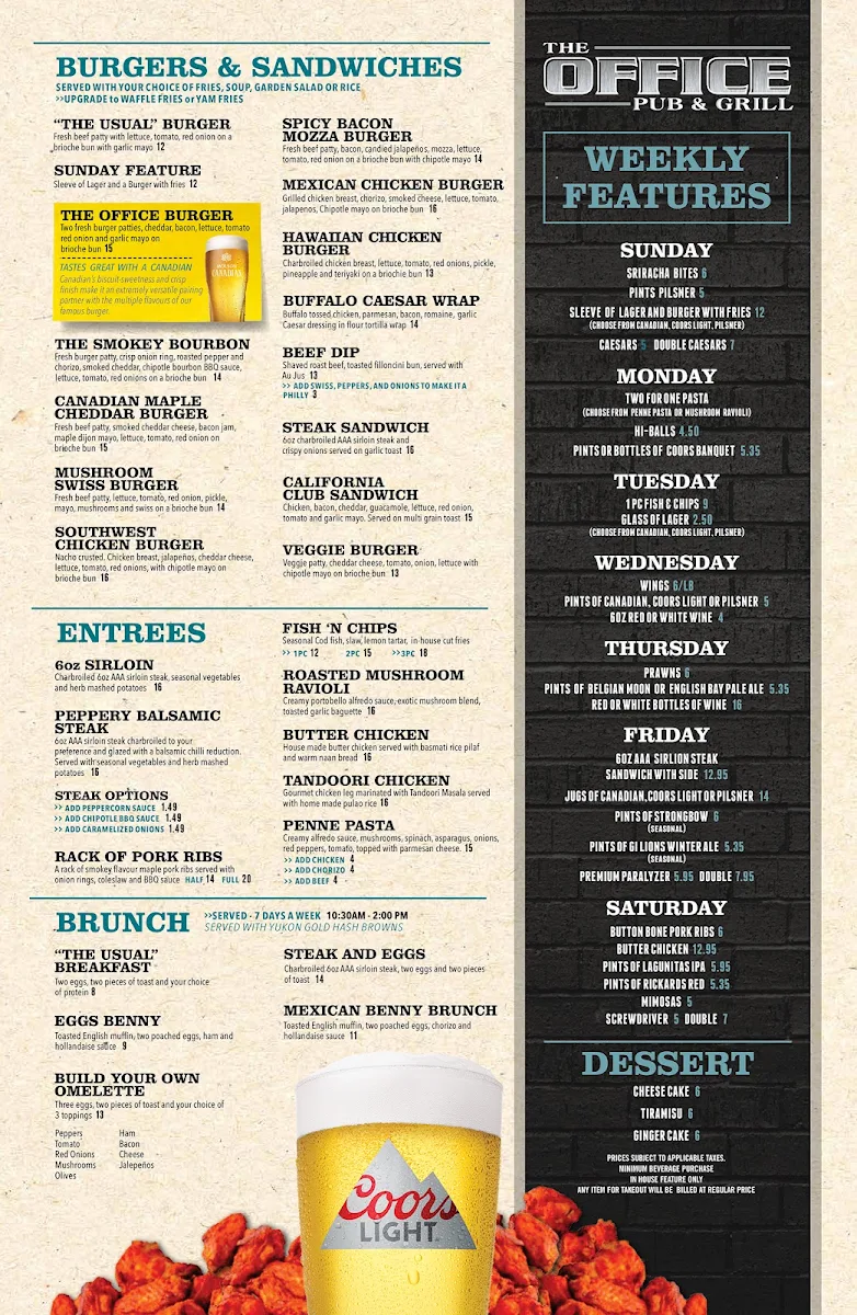 Menu, The Office Pub & Grill