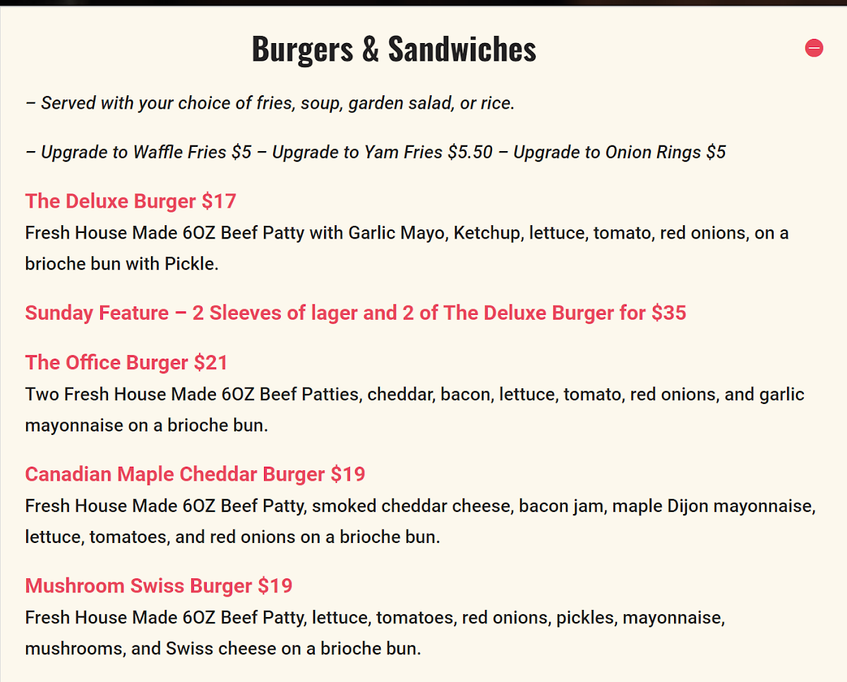 Menu, The Office Pub & Grill