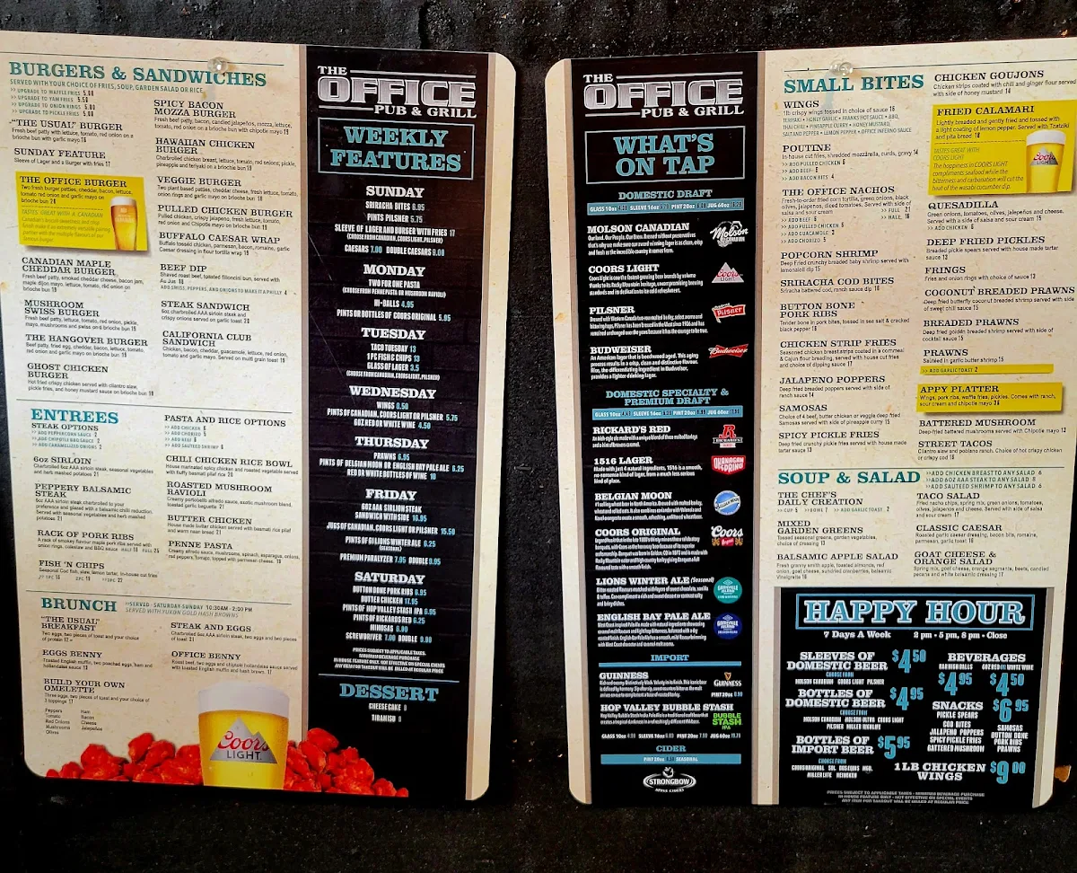 Menu, The Office Pub & Grill
