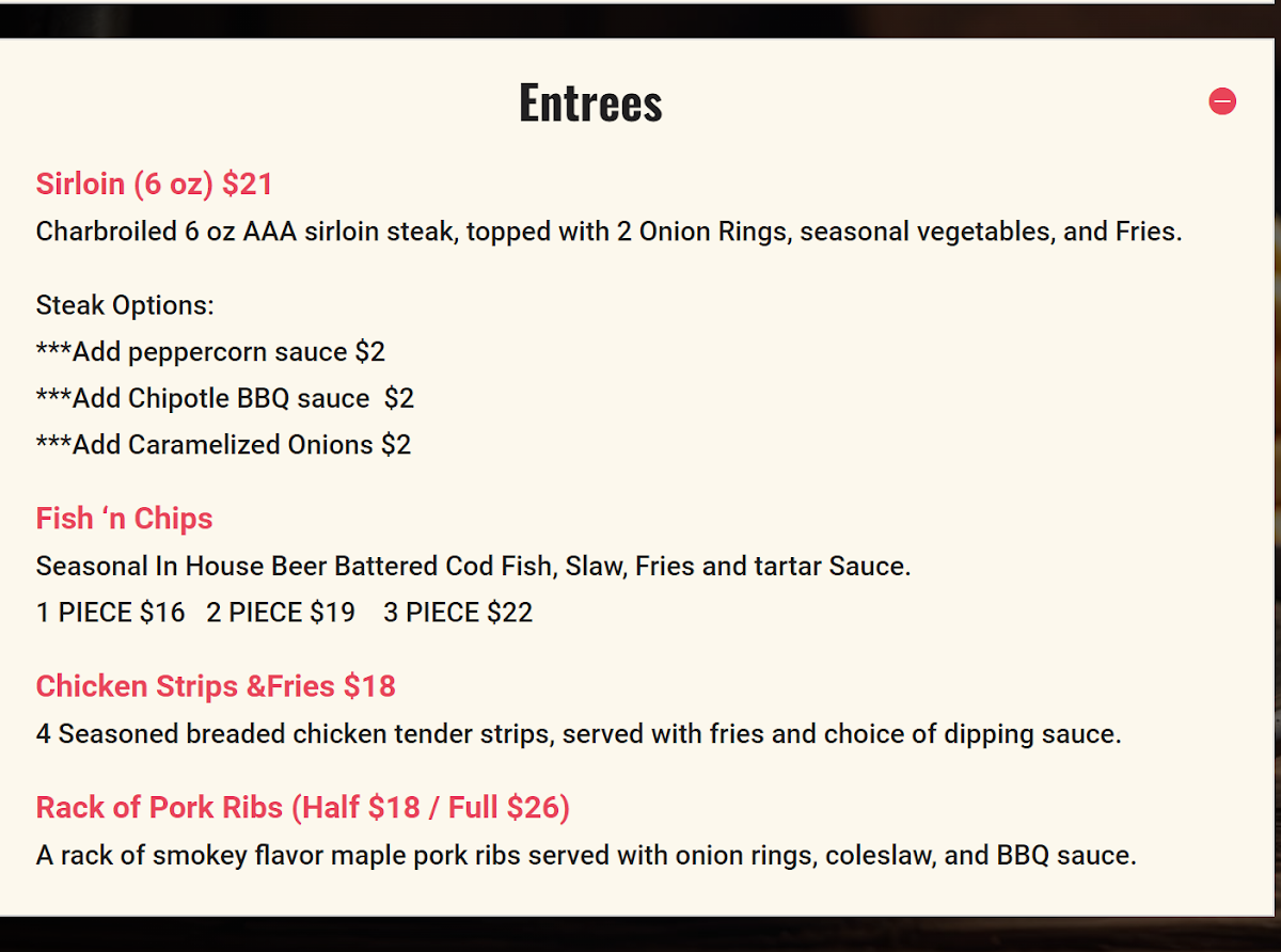 Menu, The Office Pub & Grill