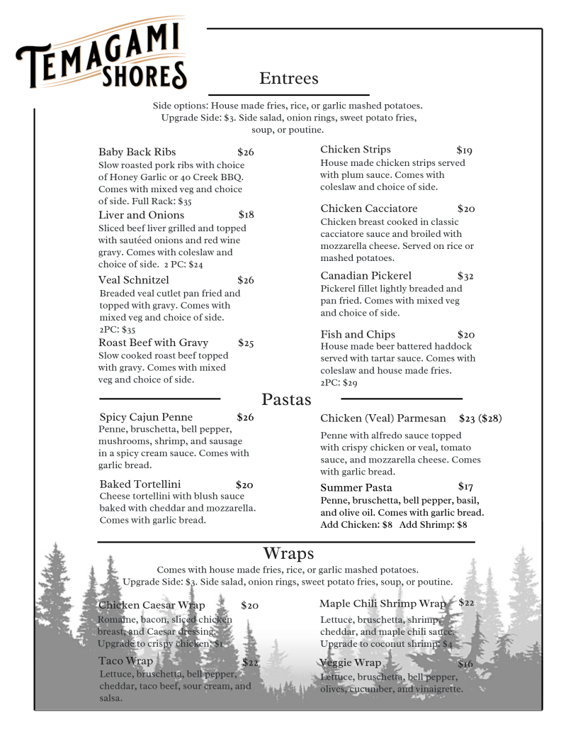 Menu, Temagami Shores Restaurant
