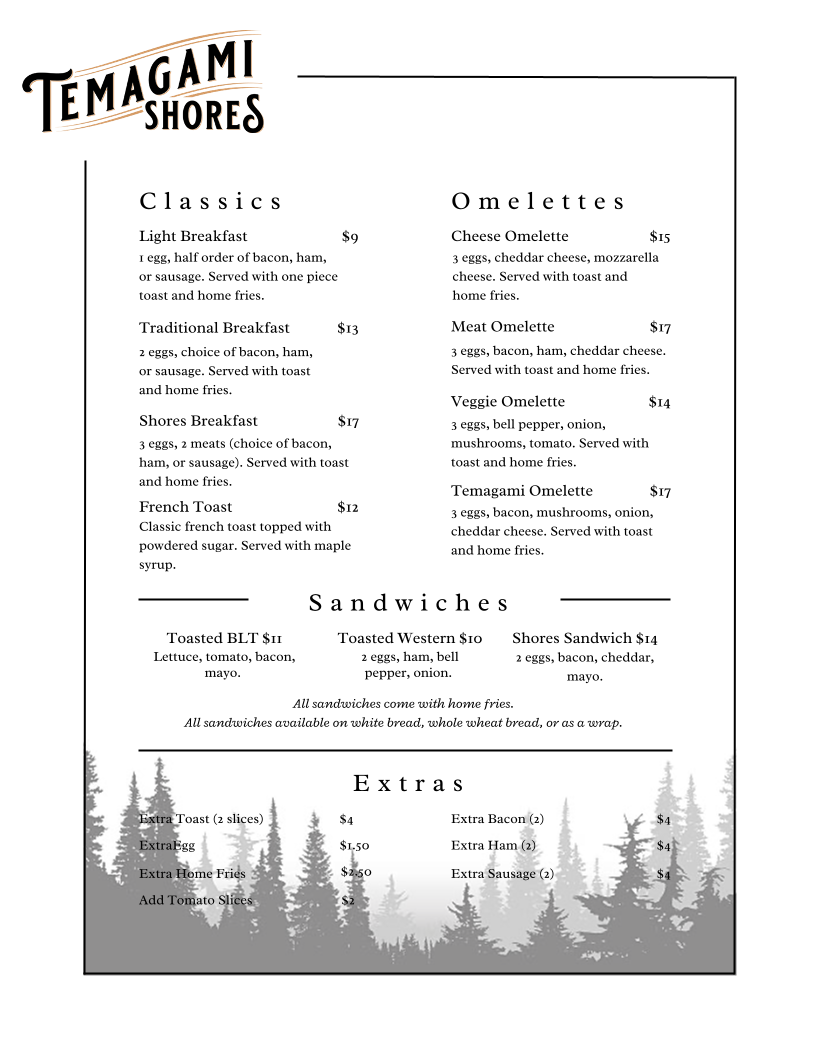 Menu, Temagami Shores Restaurant