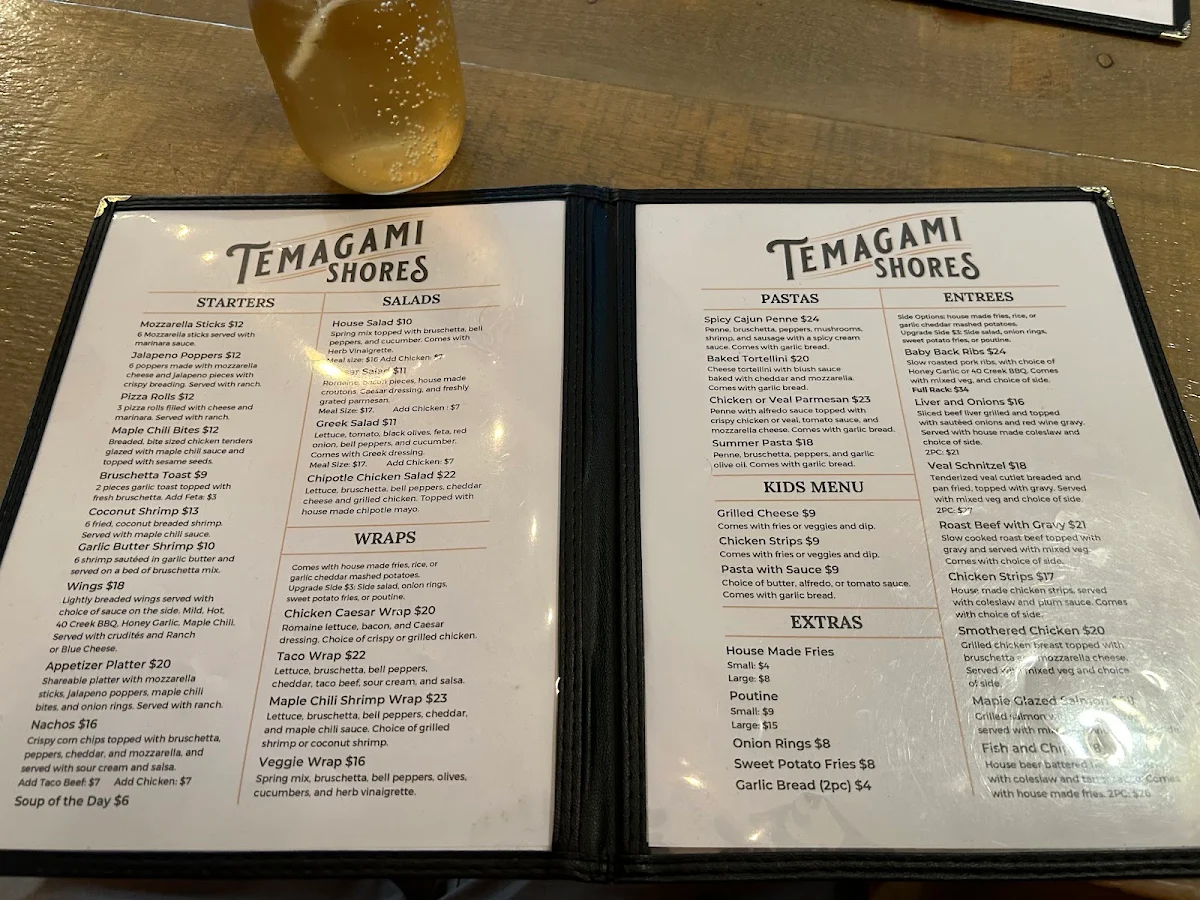 Menu, Temagami Shores Restaurant