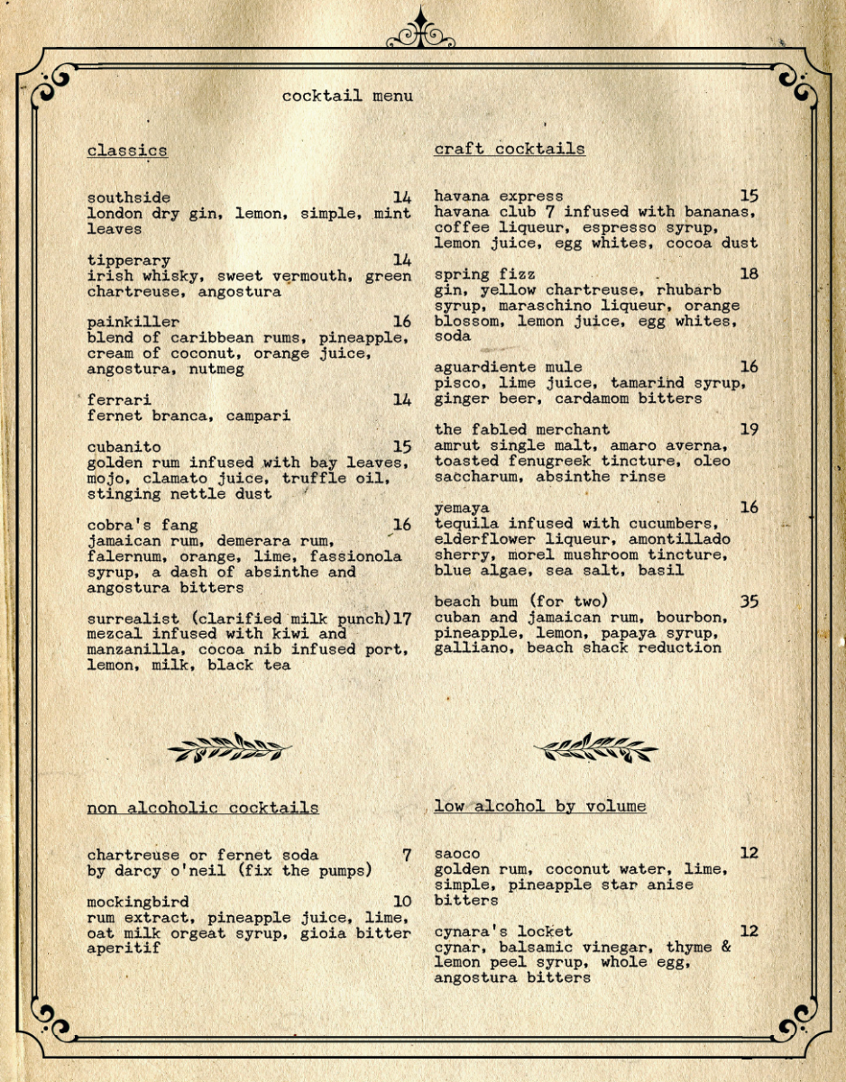Menu, The Relic Lobby Bar