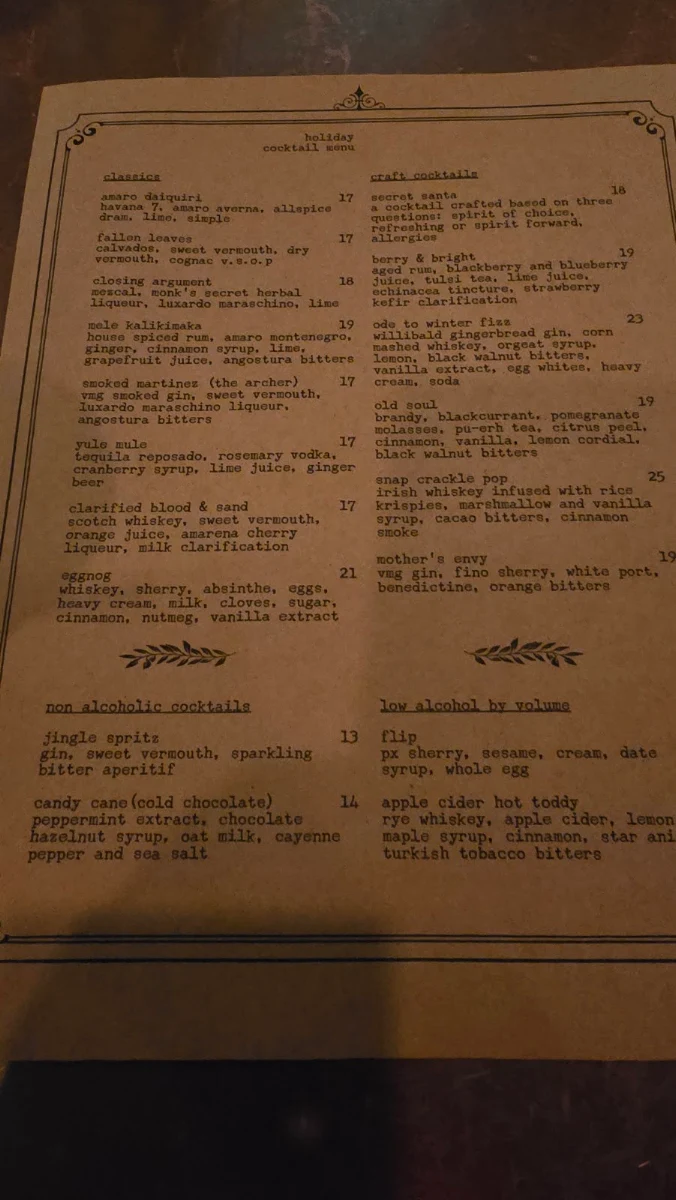 Menu, The Relic Lobby Bar