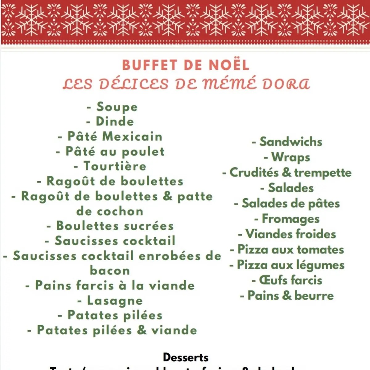Menu, Les délices de Mémé Dora